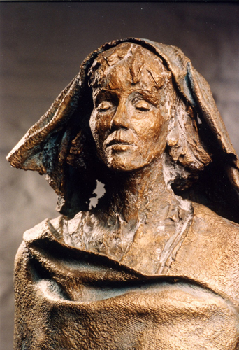 Hildegard-Bste mit folgender Bildunterschrift: Hildegard von Bingen, Bronzestatue von Karl- Heinz Oswald, 1998, Historisches Museum am Strom - Hildegard von Bingen